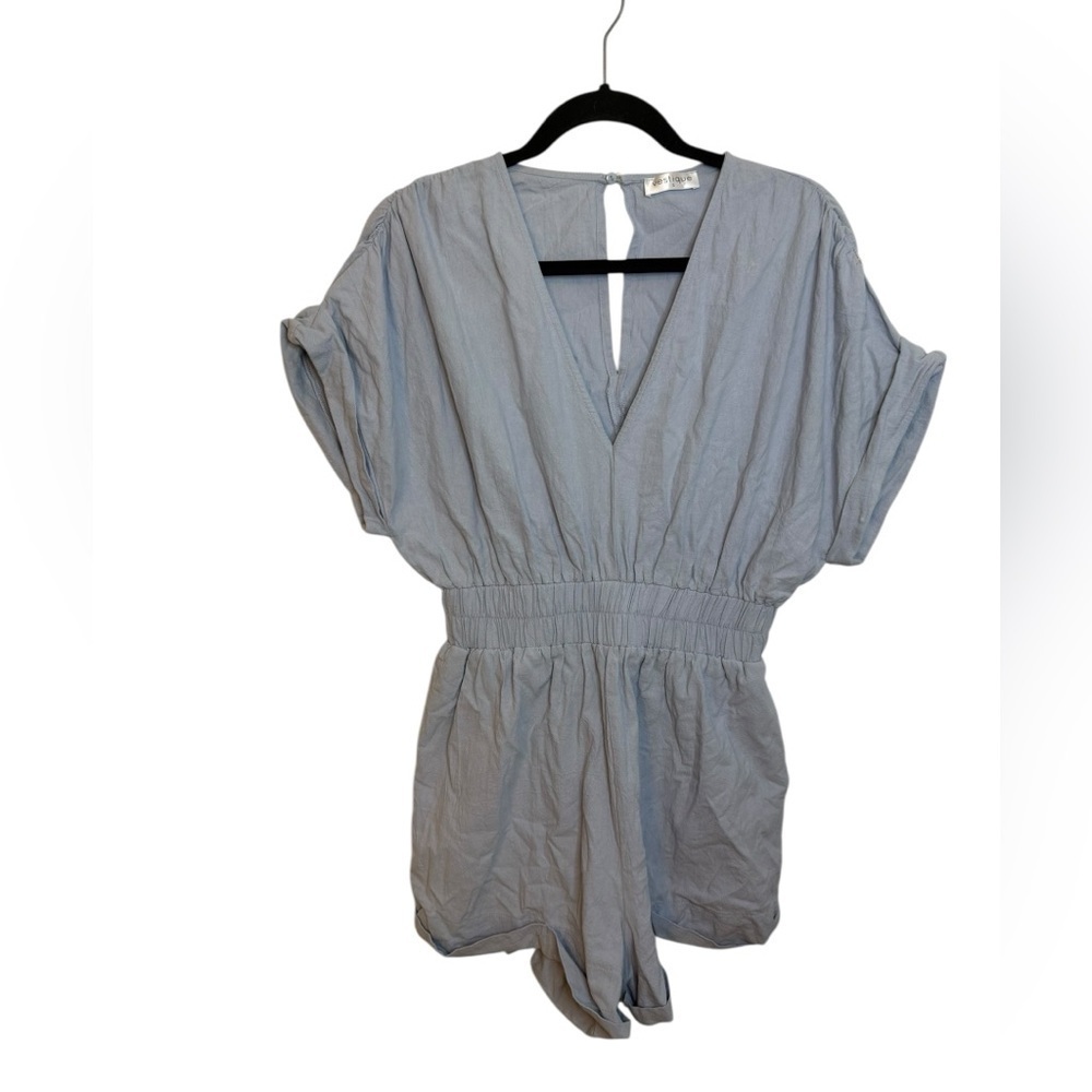Vestique Baby Blue Crinkle Cotton Cuffed V-Neck Romper